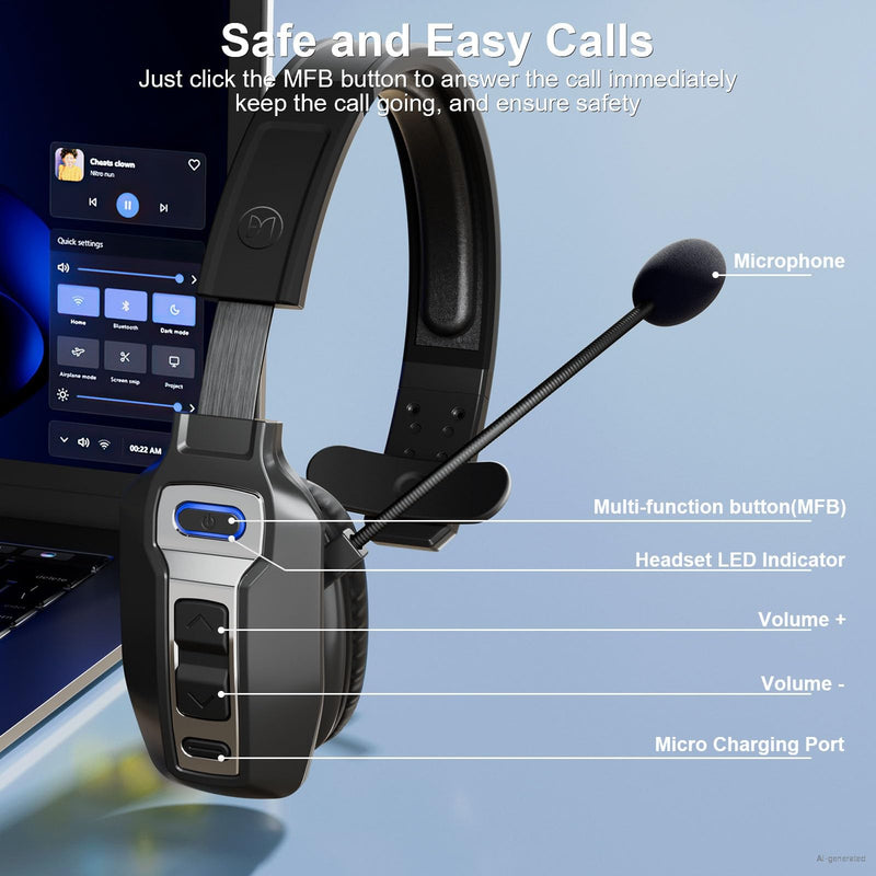BRAMMAR Trucker Bluetooth Headset with AI Noise Cancellation Microphone, Trucker Headset with 65Hrs Talk Time & Mute Button, Multipoint Connection, Bluetooth Headsets Fit for Truck Drivers/Cell Phones Black