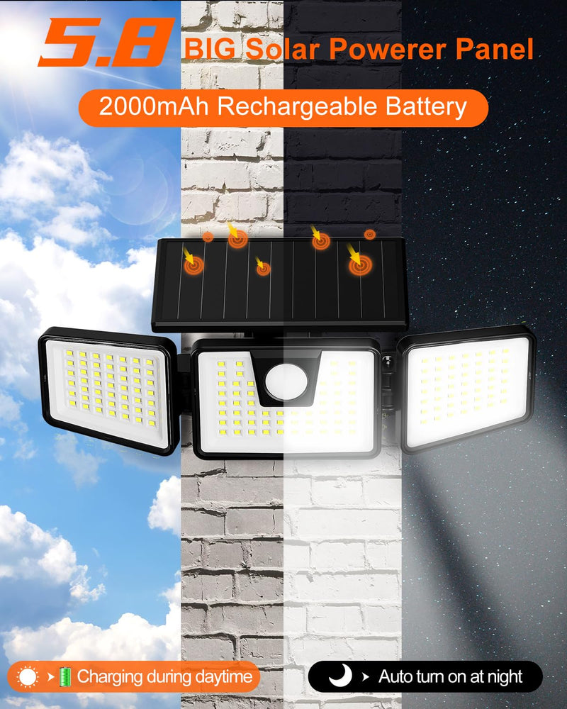 INCX Solar Motion Sensor Lights Outdoor, 3 Heads Security Lights Solar Powered, 156 LED Flood Light Motion Detected Spotlight for Patio Yard Garage Entryways, IP65 Waterproof 1 Pack Black 1 Pc