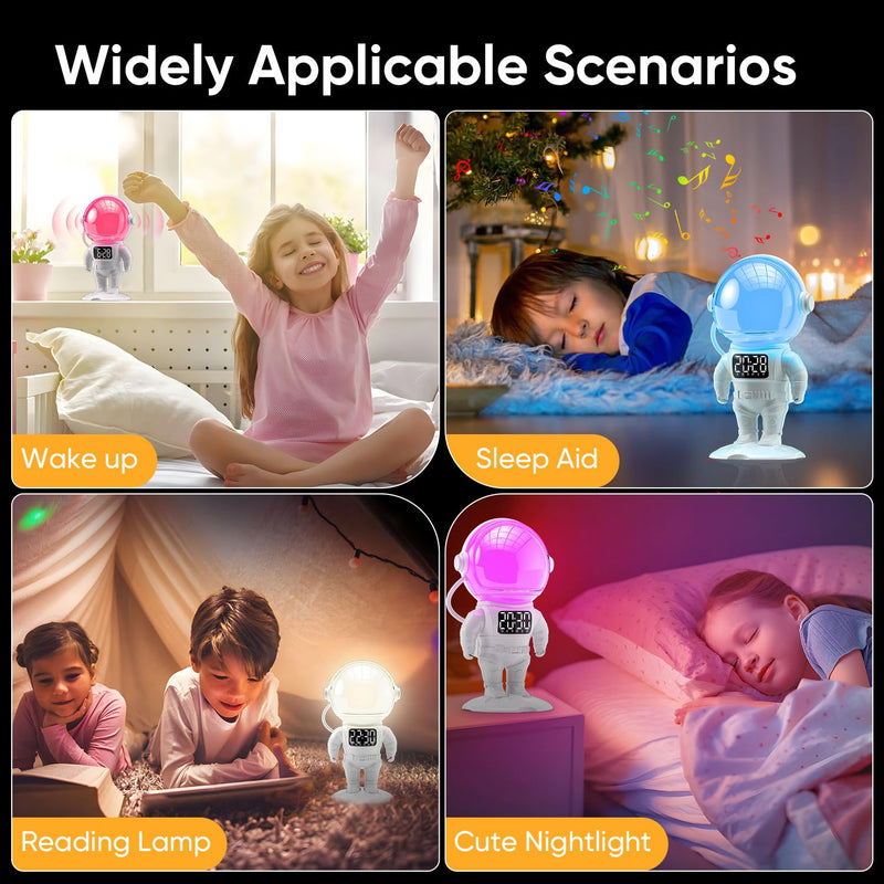 Astronaut Sunrise Alarm Clock for Kids, White Noise Sound Machine with 30 Soothing Sounds, 22 Dimmable Nightlights, Bluetooth Speaker, Dual Digital Alarm Clocks, Wake Up Light for Bedroom, Adults White+remote Control