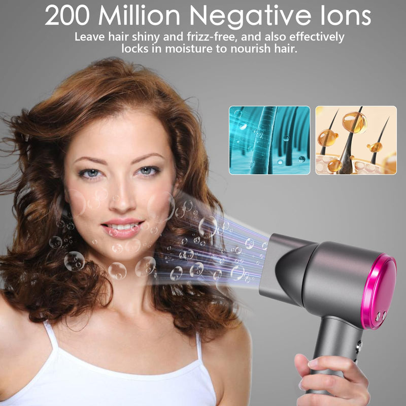 Hair Dryer, Professional Ionic Hair Dryer with 3 Speed 4 Heat Setting, Brushless Motor 110000 RPM Low Noise Thermo-Control Travel Hairdryers with Magnetic Nozzle 1600W Portable for Home Travel(Gray) Gray