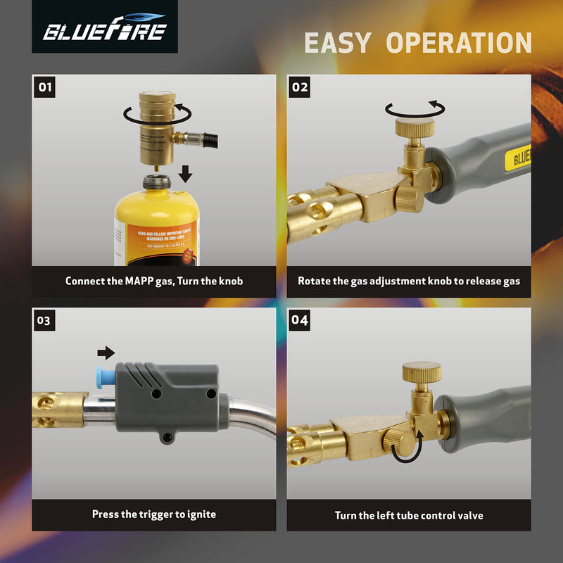 BLUEFIRE HZ-8150 Double Heads Swirl Flame Self-Ignition Hosed Turbo Torch 5' long Hose Trigger Start MAPP MAP Propane Welding Blowtorch Nozzle for brazing large diameter copper pipes, Torch Only Hosed Torch Only