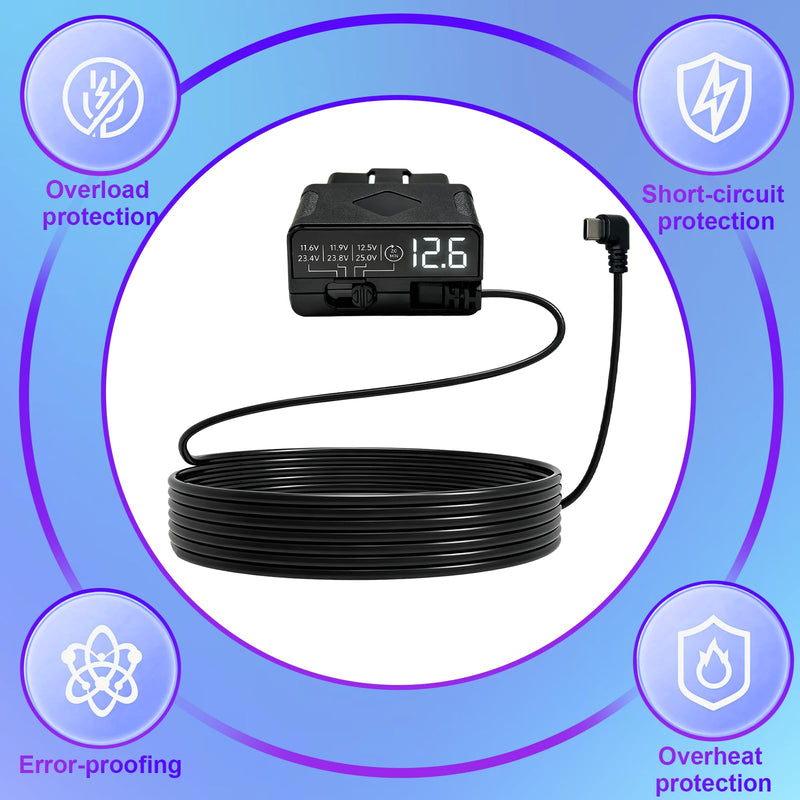 Dash Cam Hardwire Kit, OBD to USB-C Port, 12V-24V to 5V 3A | Plug and Play Adapter with LED Display,Low Volt Protection,Acc Driver Detection Cable for Parking & Continuous Recording