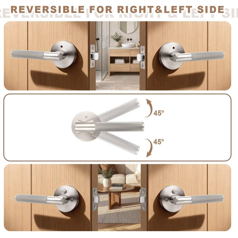 Brushed Nickel Privacy Door Handles, Sliver Interior Door Levers for Bathroom and Bedroom, Knurled Keyless Satin Nickel Door Knob, Reversible for Right & Left Side, 1 Pack Privacy Door Handle