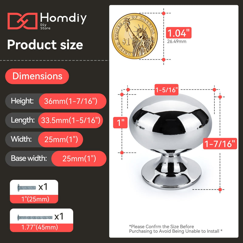 homdiy 10 Pack Solid Polished Chrome Cabinet Knobs 1-5/16 inch Oval Chrome Drawer Knobs Kitchen Cabinet Handles for Cupboard Dresser