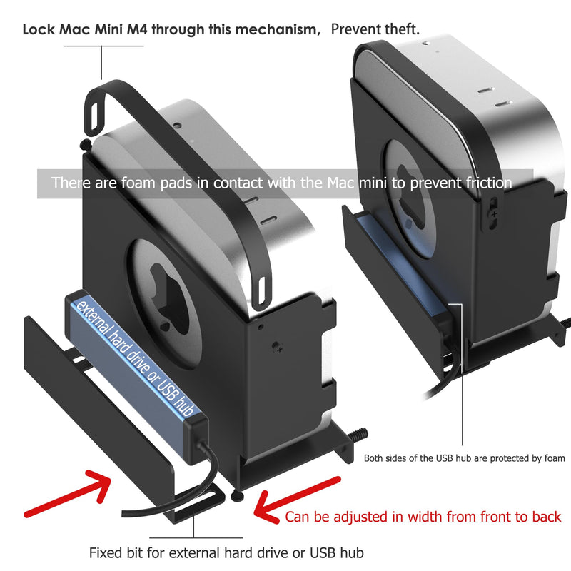 Compatibe for Mac mini M4 Monitor Back Stand, wallmount, Desktop Bottom Mount, Supports Screw and Adhesive Installation. Built-in Fixed Slot for USB hub or Portable Hard Drive.(Black) black