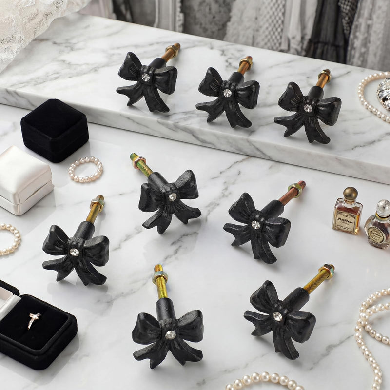 MorningRo 8 Pcs Black Bow Dresser Knobs with Diamond Small Coquette Decor Back to School Cast Iron Drawer Cabinet Knobs for Dorm Girly Bow Drawer Pull Handles for Women Girls Vanity Wardrobe Bedroom