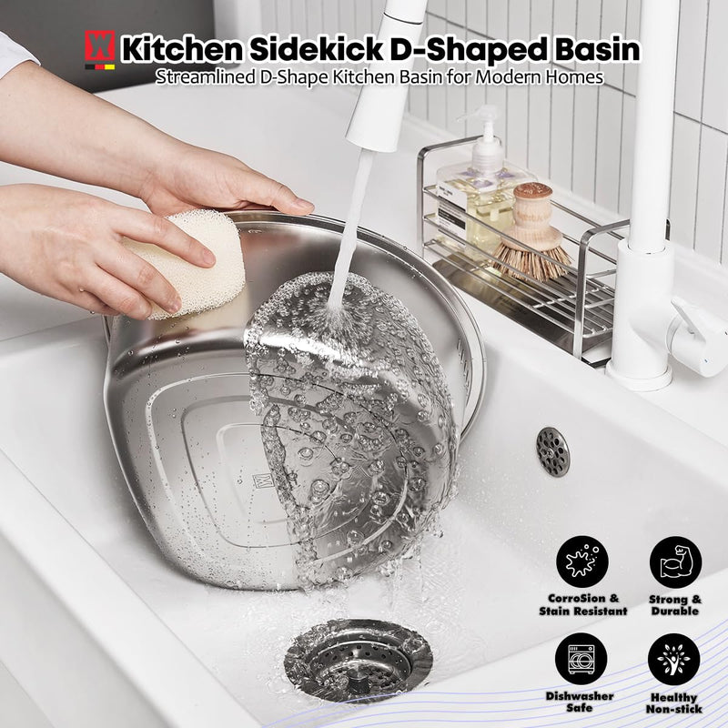 WAGENSTEIGER D-Shaped Stainless Steel Dishpan, Kitchen Sink Wash Basin Tub for Dishes, Vegetables & Fruit, Heavy Duty Metal Dish Tub (8.45 Qt)
