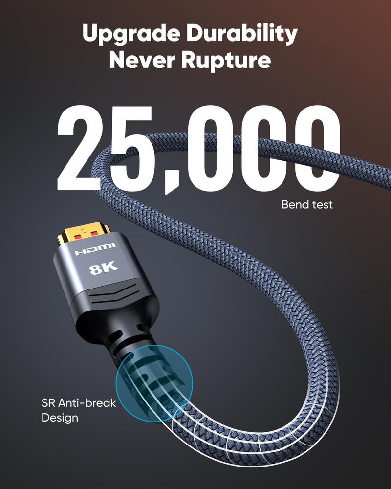 Highwings Long 8K HDMI Cable 25FT 48Gbps, 2.1 High Speed Gaming Cord 4K@120Hz 8K@60Hz RTX 3090 eARC 3D Compatible for PS5, UHD TV and Blu-ray Player 25 feet Grey