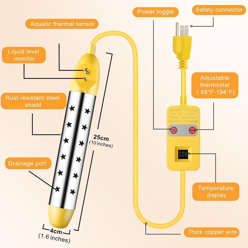 Portable Water Heater – 1500W Immersion Heater for Bathtub with Switch Control, Bucket, Hot Tub, and Mini Inflatable Pool – Fast Heating with Rust-Resistant 304 Stainless Steel Cap(Yellow) Yellow