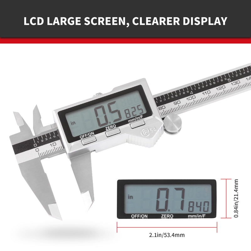 6 inch Stainless Steel Digital Caliper (IP54) & Stainless Steel Rule Set, Easy Switch from Inch/Metric/Fraction, Splash-Proof Protection with Large LCD Display – DIY/Household IP54 6"