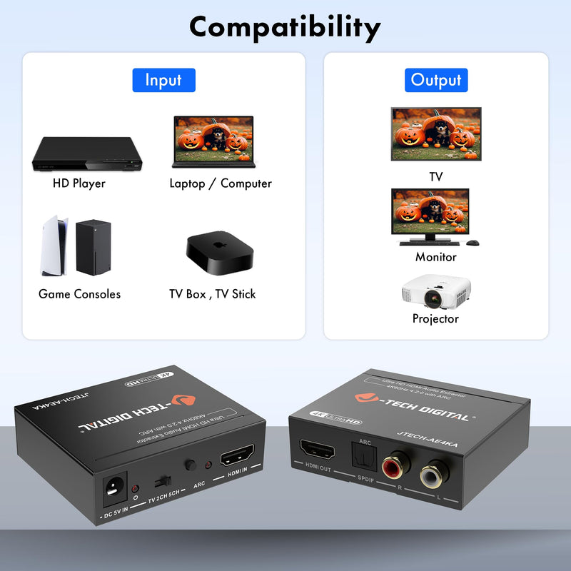 J-Tech Digital HDMI Audio Extractor 4K 60Hz & ARC Support, HDMI to RCA Optical Compatible with Dolby Digital DTS Stereo for Laptop Blu-Ray Gaming Consoles (JTECH-AE4KA) 4K 60Hz Audio ARC Extractor