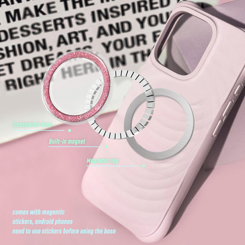 Magnetic Glitter Phone Holder Compatible with Phones, Foldable Phone Grip Stand for Magsafe Smartphones, Tablet,Phone Case - Transparent Pink Sparkly