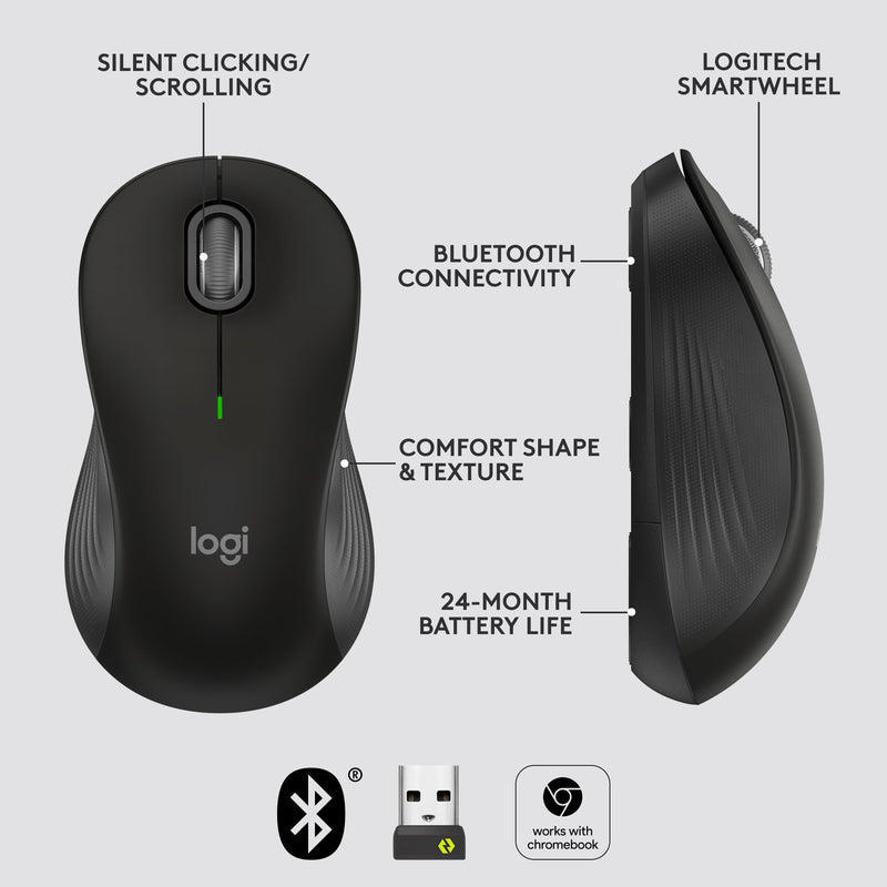 Logitech Signature M550 Wireless Mouse - for Small to Medium Sized Hands, 2-Year Battery, Silent Clicks, Customizable Side Buttons, Bluetooth, Multi-Device Compatibility - Black Small / Medium Size