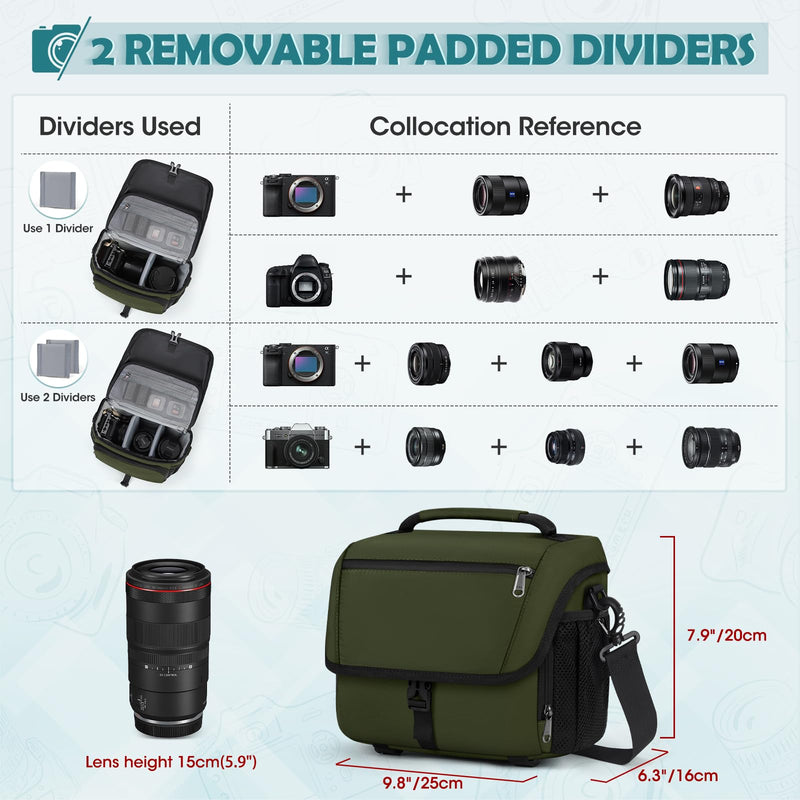 RAINSMORE Camera Bag, DSLR SLR Mirrorless Camera Case for Photographer | Waterproof Camera Sling Bag with Rain Cover & Tripod Holder Soft Padded Crossbody Camera Bag for Sony Canon Nikon Fujifilm Green M