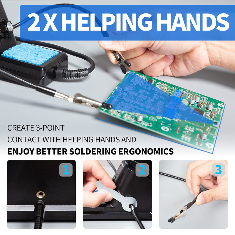 YIHUA 926 III 60W Digital Display Soldering Iron Station Kit w 2 Helping Hands, 6 Extra Iron Tips, Lead-Free Solder, Solder Sucker, S/S Tweezers, °C/ºF Conversion, Auto Sleep & Calibration Support Black