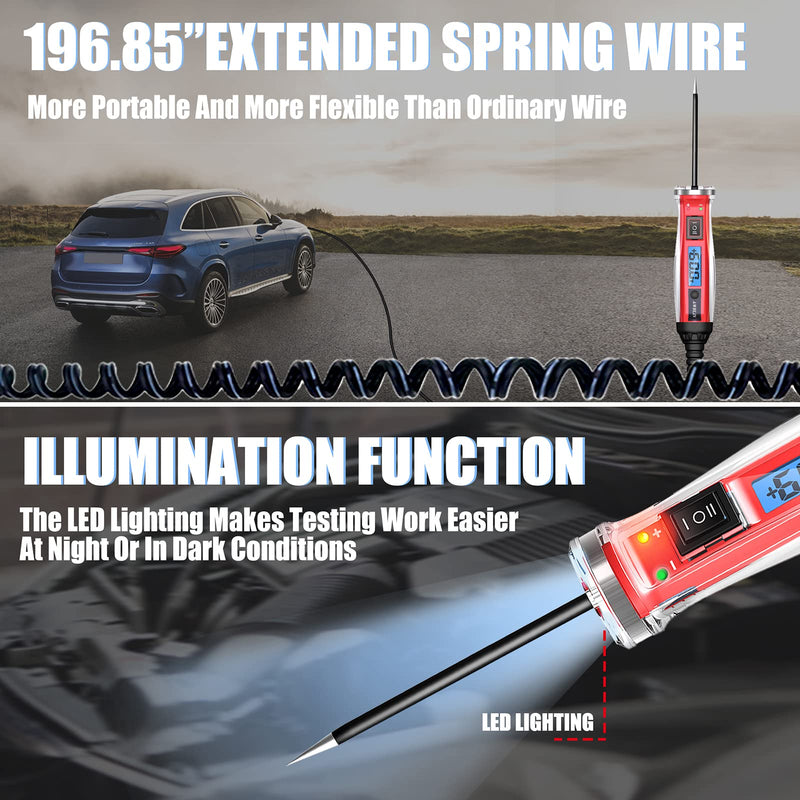 Power Circuit Probe Tester, LCD Digital Automotive Test Light with Voltage Display&Illumination, DC Voltage Tester, Electrical System Tool, Relay Fuse Continuity Current Test.