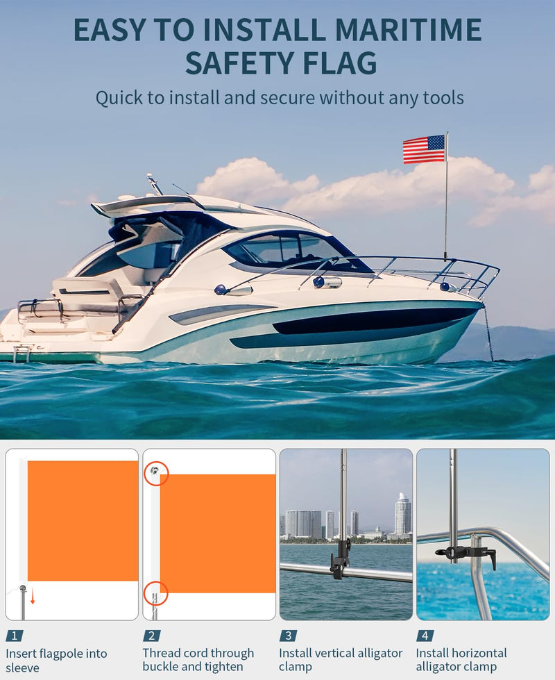 2 Pack American Boat Flag Pole Kit, 44-Inch Orange Boat Flag With Pole, 12x18'' Pontoon Boat Flags, Adjustable Boat Kayak Safety Flag 0.59"-2" Round/Square Rail Water Ski Flag For Tubing, Watersports