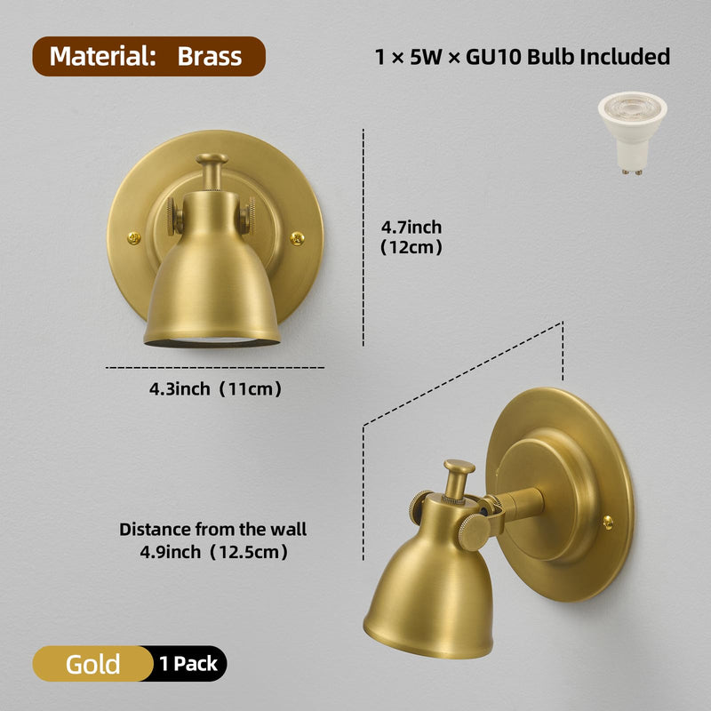Gold Small Wall Sconce Hardwired Single - Brass Vintage Dimmable Indoor Bell Light Fixture for Bathroom Vanity Bedroom Bedside Reading Hallway Living Room Kitchen Gallery Hall Picture Lamp Gold（Brass） 1 Pack