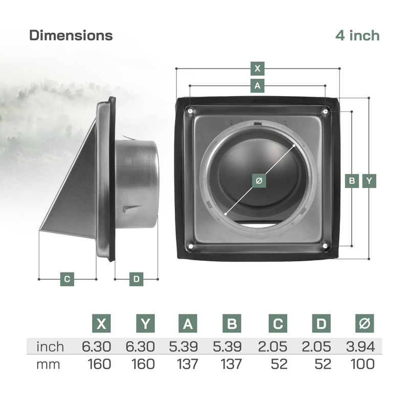  [AUSTRALIA] - Vent Systems 4 Inch Stainless Steel Dryer Vent Cover - Wall Vent Mounted Vent Hood with Backdraft Damper - Exhaust Air Ventilation Guard - HVAC Ducting Grille - Bathroom, Kitchen, Attic, Garage Rain Hood