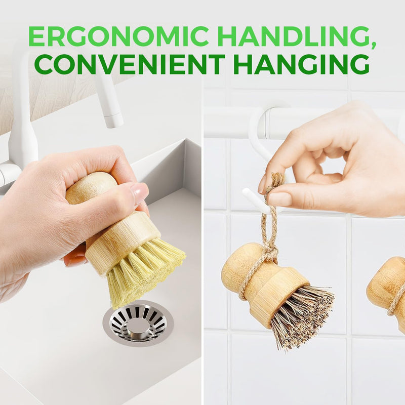 Bamboo Dish Brush Set of 3-100% Plastic Free Kitchen Scrubber with Medium Stiff Sisal and Strong Blend of Coconut Bristles - Non Scratch, Odor Free Wood Scrub for Pots, Pans and Vegetables 3 Pack