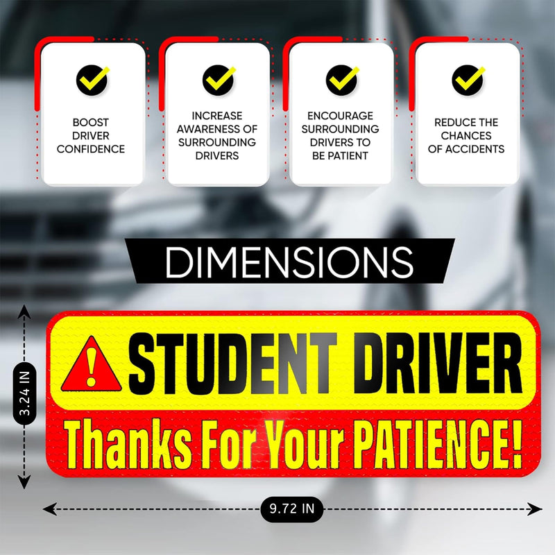 Student Driver Magnet for Car - Extra Strong Hold - 9.72" by 3.24" - 3 Pack - Essential Magnetic New Driver Sticker Signs - Remind Others to Please Be Patient - Bright & Reflective Sign for Rookies Student Driver V1