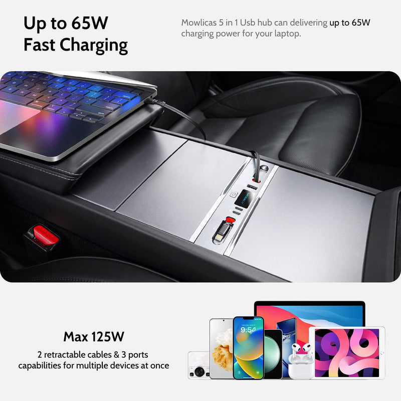 125W Max Retractable USB Hub, Tesla New Model Y Juniper (2026/2025) Accessories, Super Fast Charger Up 65W for MacBook Pro/Air/iPhone 16/15/Samsung Series, 5 in 1 Docking Station Tesla New Model Y Juniper (2026/2025)