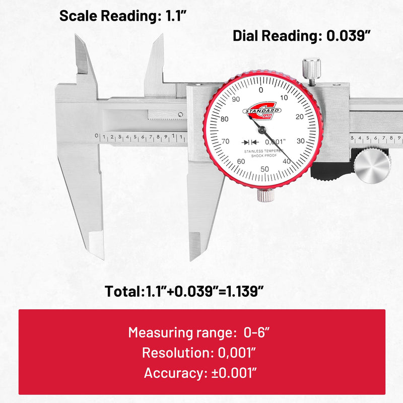 0-6" Range SAE Dial Caliper Measuring Tool, Analog Precision Micrometer Caliper ±0.001" Accuracy, Manual Mechanical Metal Stainless Steel Measuring Dial with 4-Way Measurements
