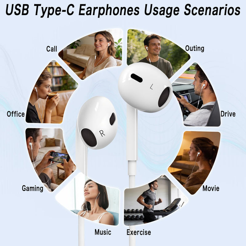 USB C Headphones Wired for iPhone 17 16 15 Pixel Galaxy | Wired USB C earphones, Plug and play, Microphone and Volume Control, Music/Call/Meeting/Jogging/Leisure/Commute WHITE