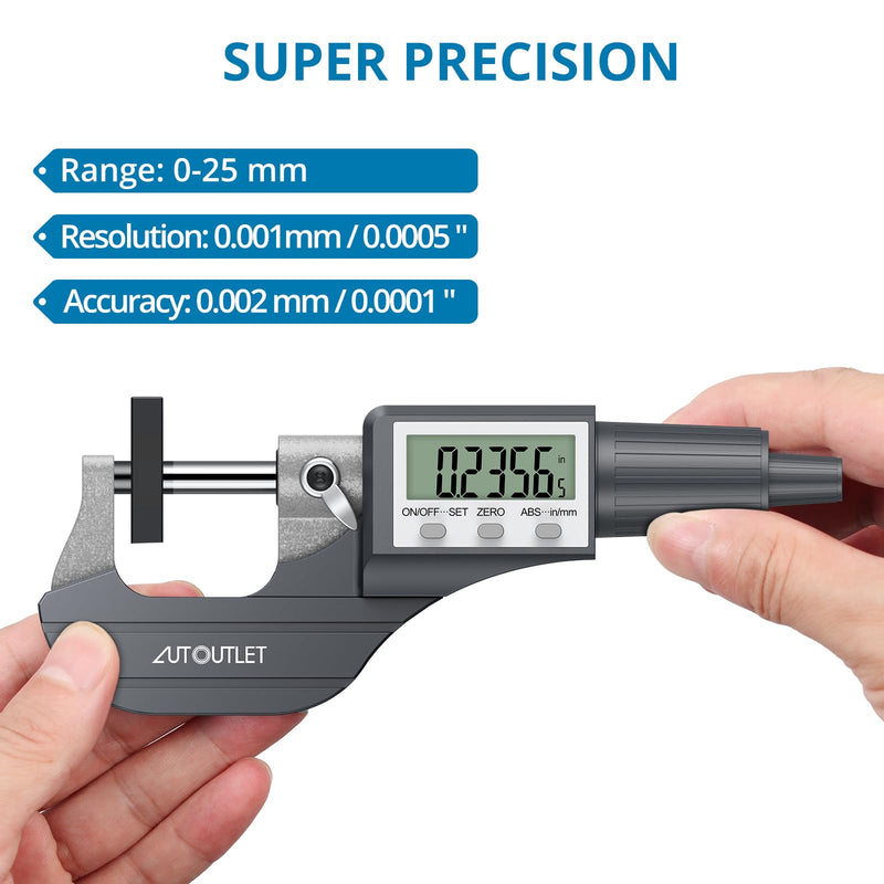 AUTOUTLET Digital Electronic Micrometer 0-25mm Outside Micrometer Precision Measurement Tool with LCD Display & Carry Case for Accurate Measurement Grey
