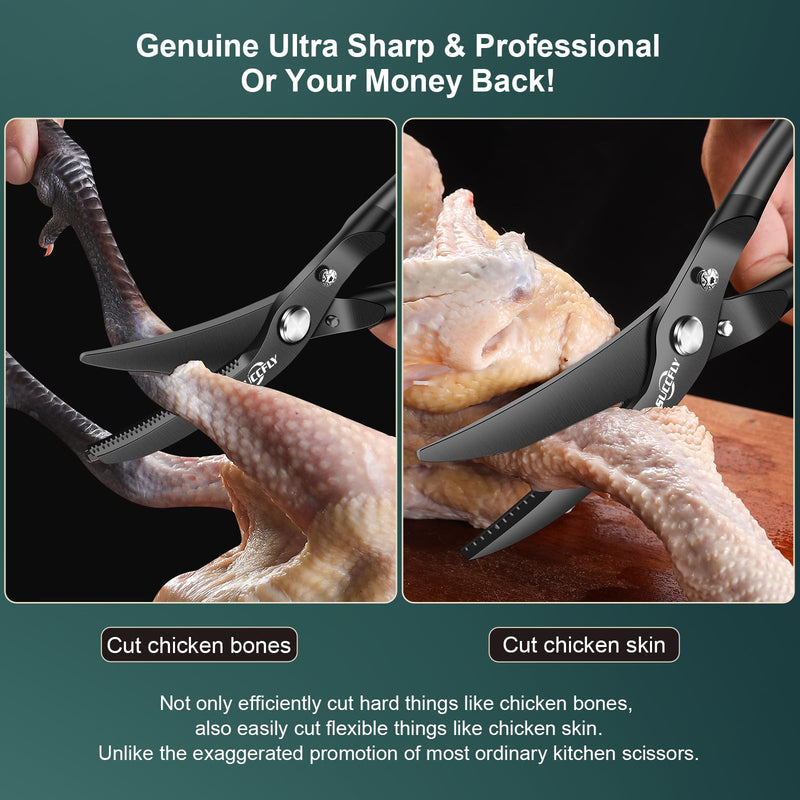 Kitchen Shears Heavy Duty, Premium Kitchen Scissors Stainless Steel, 8.8" Poultry Shears Ultra Sharp for Bone Chicken Meat, Food Scissors Anti-Slip Handle, Black Titanium Plated, Spring Loaded Poultry Shears 10.2 Inch