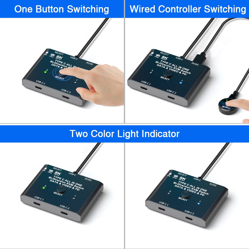 USB C Switch 2 in 1 Out USB C Switcher Selector for 2 Laptops Share 1 USB Device, 4K@60Hz/10Gbps Data Transfer and 100W PD Charging, Wired Control and 2 UBS C Cables USB C Switch 2 in 1 out