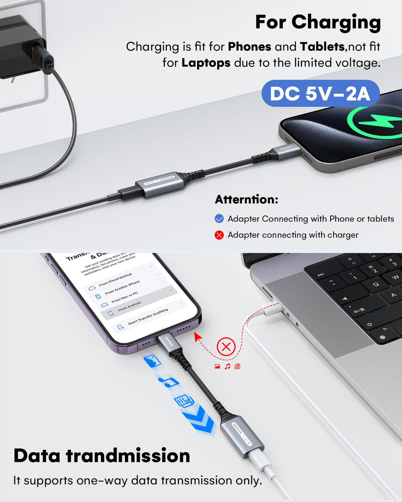 ZOOAUX 3 in 1 USB C Male to Lightning Female Adapter, USB Type C to Lightning Headphone, Charging & Data Transfer Converter Compatible with iPhone 15/15 Pro Max /15 Plus,iPad Air/Pro,MacBook Pro-Grey