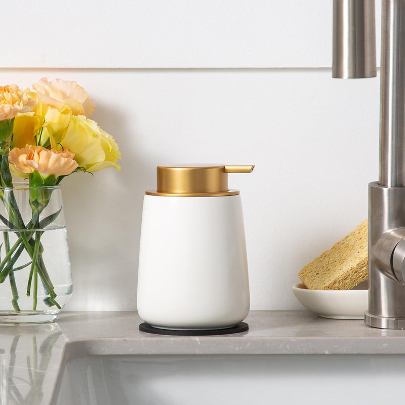Enra Ceramic Soap Dispenser,12 oz Hand Lotion Dispenser with Gold Pump,Refillable Dish Soap Dispenser,Modern Liquid Soap Dispenser for Bathroom,Kitchen with Easy-to-Press Pump Liquid-white-gold Pump