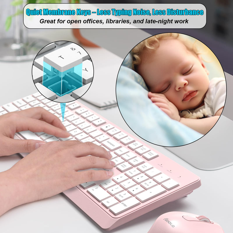 Wireless Keyboard and Mouse Combo Quiet for PC, Laptop and Mac - Pink | Single USB Receiver, Full Size with Number Pad, Silent, Low-Profile, Light Weight, Works with Windows & Mac for Home & Office