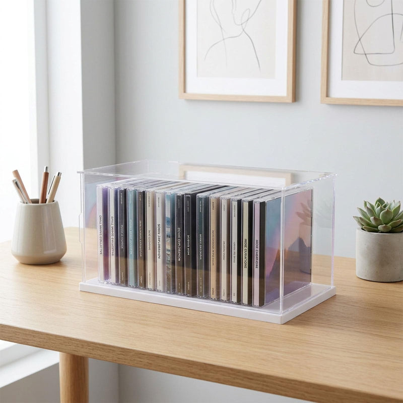 Clear Acrylic CD Holder Rack, Stackable CD Storage Box with Dustproof Door, DVD Display Case and Media Organizer for Music Disc, Blu Ray, Game Cases, Cassette, Shelf or Desktop