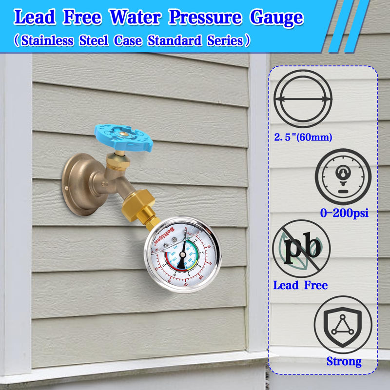 Water Pressure Gauge, 0-200 Psi Pressure Gauge Filled with Oil, 3/4" GHT Female Thread Water Pressure Test Gauge with 3 Adapters,for Home, Industrial, Garden Multiple Locations Pressure Test Style 1