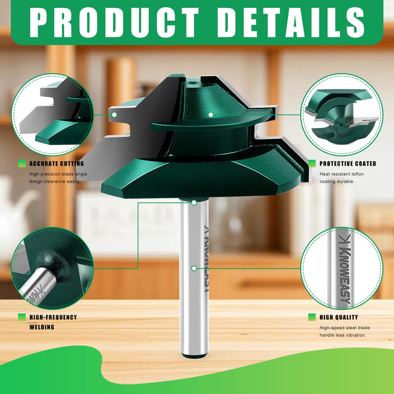 Knoweasy 45 Degree Lock Miter Router Bit Set with 1/4 Inch Shank, 3-Piece for Woodworking Projects, Includes 1/2, 5/8 and 3/4 Inch Cutting Heights, Precision Joinery Tool for Strong Miter Joints