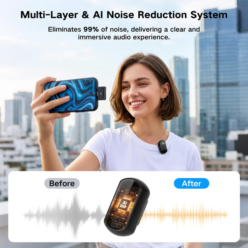 4-in-1 Mini Wireless Lavalier Microphone & Desk Stand,Interview Microphone for iPhone/Android/Tablets,Mini Mic with Charging Case for Podcast,Streaming