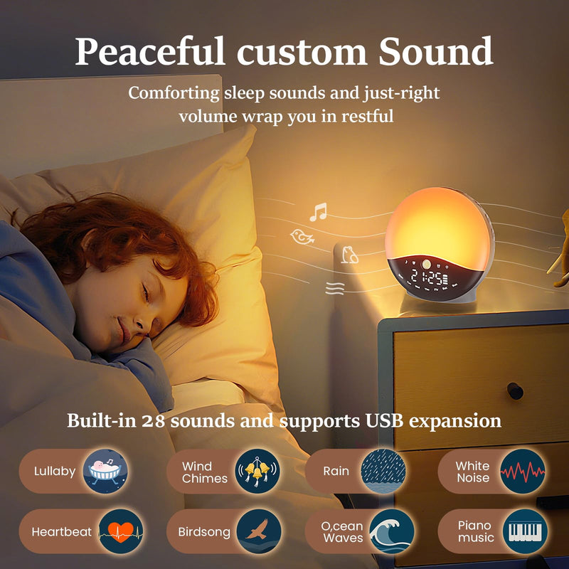  [AUSTRALIA] - Wake Up Light Sunrise Alarm Clock for Bedrooms, Rechargeable Sound Machine Night Light, 28 Sleep Sounds, 12 Colors, Dual Alarms, White Noise Sound Machine for Baby and Adults
