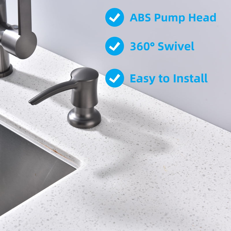 Soap Dispenser for Kitchen Sink, Built in Sink Soap Dispenser Black Stainless Dark Gray ABS Pump Head Gunmetal Gray with 11 Ounce Soap Bottle