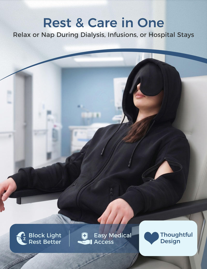 Dialysis Hoodie with Built-In Eye Mask Two Way Arm Zippers for Port Access Dialysis Sweatshirts Black Large