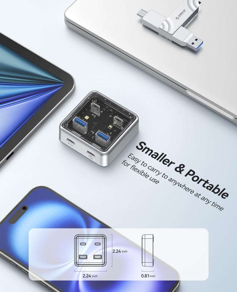 ORICO 10Gbps USB-C Hub, 4-Port Zinc Alloy USB 3.2 Splitter with 2 USB-A & 2 USB-C Ports, High-Speed Data Extender for Laptops, PCs, Desktops, and More (1.64Ft) 1.64Ft