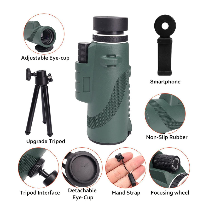 80X100 Monocular Telescope, High Power Monocular for Adults with Phone Adapter & Tripod & Hand Strap, Equipped with BAK4 Prism for Bird Watching (Green, 15.3x7cm) Green