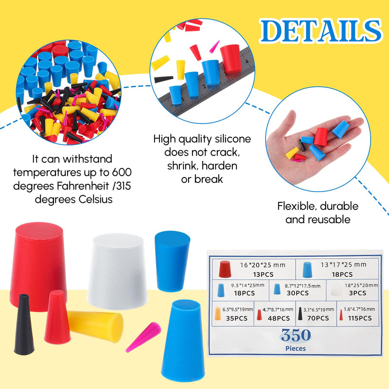 350 Pcs Rubber Plugs 8-Sizes Silicone Tapered Plug Kit 1/15" to 1" High Temp Stoppers for Coating, Hole, Painting Protection Silicone Stopper 350