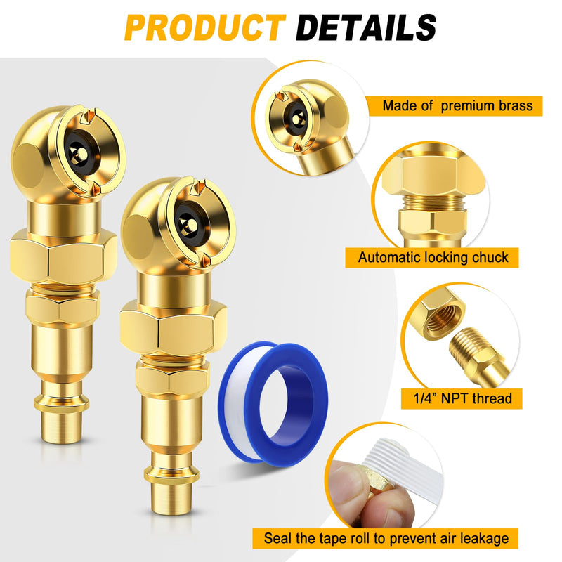 2 Pack Excellent Ball Foot Air Chuck Set, Portable Tire Chuck, 1/4" NPT Closed Flow Tire Inflator Nozzle with Quick Connect, for Air Compressor Attachments, Tire Inflator Gauge