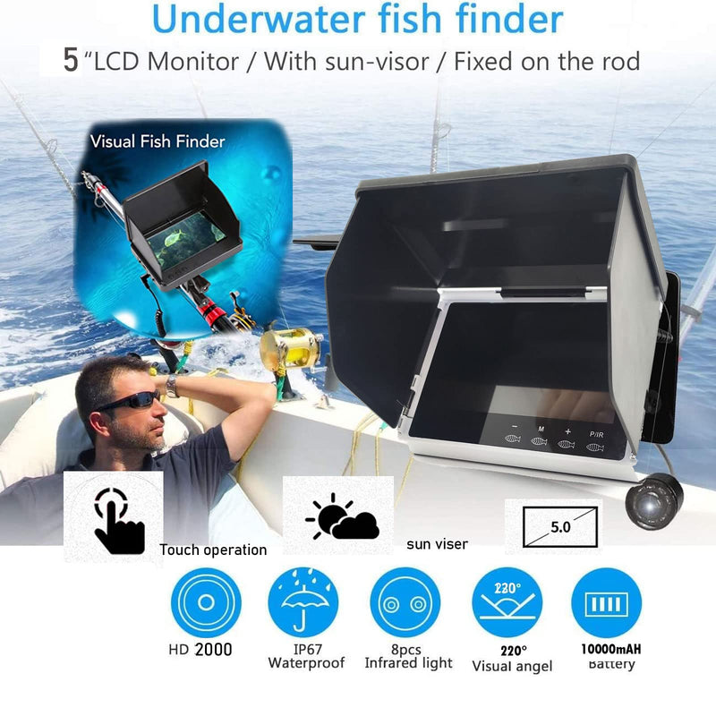 5" Underwater Fishing Camera,Portable LCD Monitor HD Fish Finder, IP67 Waterproof Camera 800 * 480 with Sun Visor,2000cd Brightness Depth Camera with 30m/98.4ft Cable Fit Ideal Gift