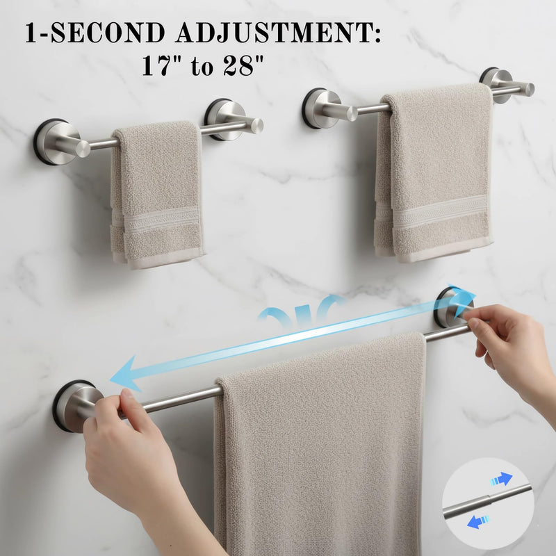 Suction Cup Towel Bar 17-28 Inch Adjustable Retractable Stainless Steel Towel Rack for Bathroom, RV & Renters - No Drill Heavy Duty Wall Mounted Holder, Removable for Glass & Tile (1, Silver) 1