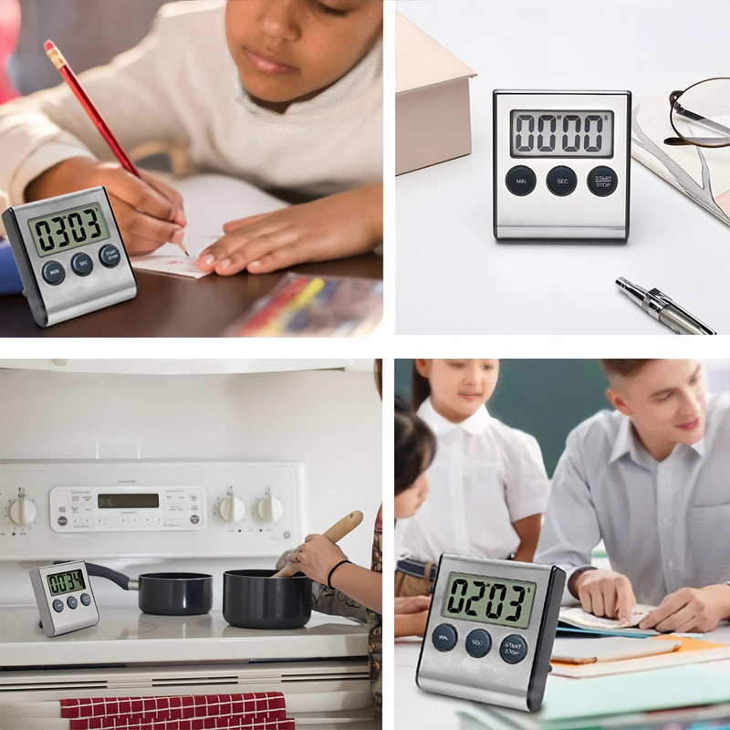 Lancoon 4 Pack Digital Timer with Magnetic Countdown Loud Alarm Hanging Hole Bracket Stainless Steel Battery Easy to Carry for Kitchen Cooking Baking Sports (Silver)