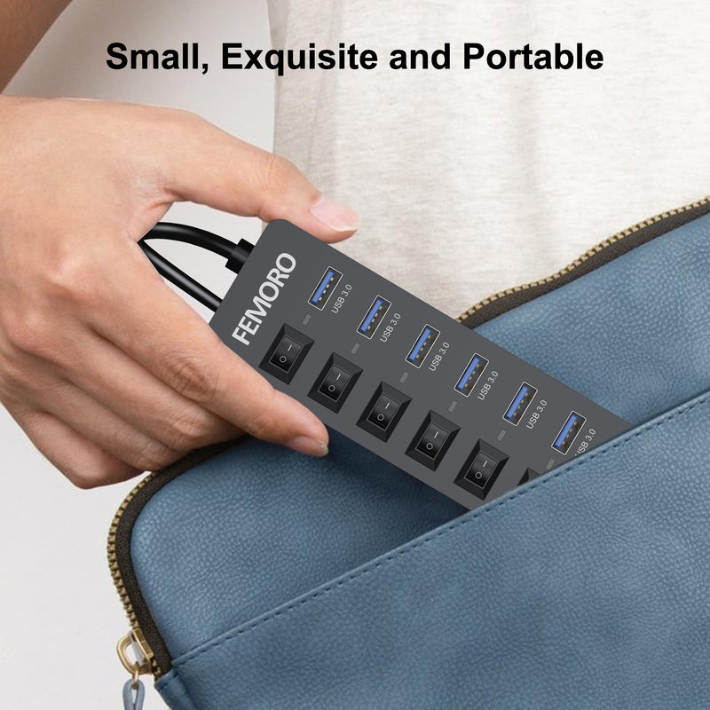 Powered USB Hub 3.0, 5Gbps Data Transfer 7 Ports and 12W Charging-only 1 Port with 5V/3A Power Adapter 4Ft Long Cable & Individual Switches for Laptop PC Flash Drive External SSD HDD Keyboard Mouse 1 Pack 7 USB 3.0 +1 Charging