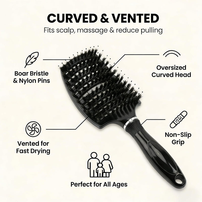Hair Brush, JT JUSTIME Boar Bristle Hairbrush Set for Women Men Thick, Curly, Detangling, Wet Hair (Black) Black